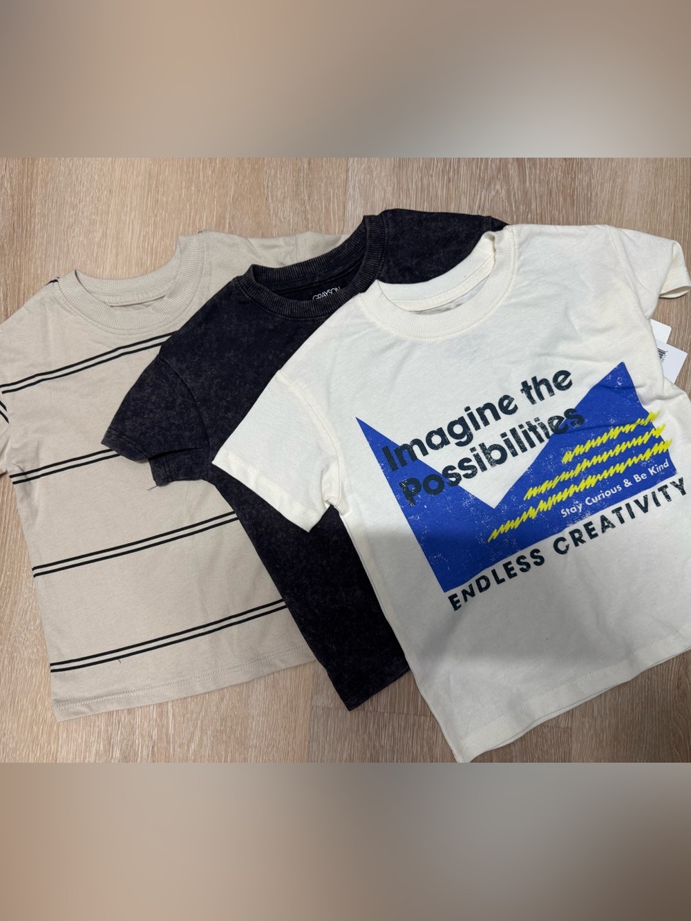 Kids 3-Pack Graphic & Stripe Tee Set - White, Black, Cream